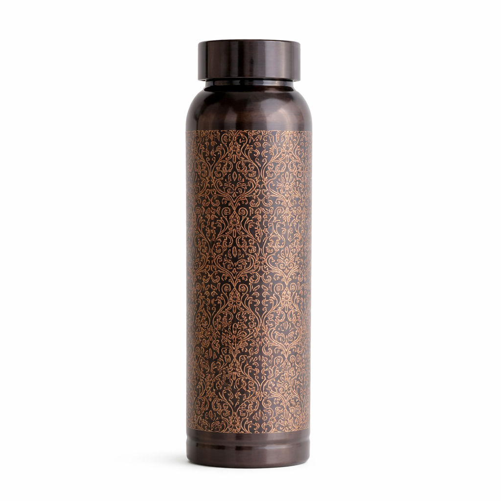 Pure copper drinkware bottle with antique dark embossed design - 900 ML 173